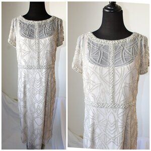 Aidan Mattox Bead & Pearl Cocktail Dress Midi Size 12 Short Sleeves Mesh Preppy
